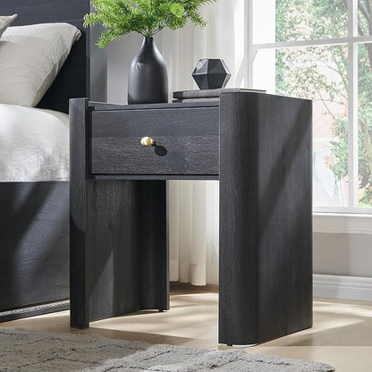 IFGET 23.6" Tall Modern Nightstand with Charging Station, 22" Wide Curved Bedside Table with 1 Storage Drawer, Wooden Night Stand, Large End Table for Bedroom, Living Room, Dark Grey