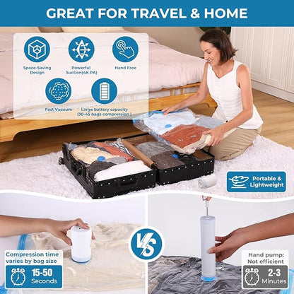Vacuum Bags for Travel with Portable Electric Pump, 8 Pack Vacuum Seal Bags for Luggage and Suitcase Compression, Space Saver Vacuum Storage Bags for Clothes and Clothing Travel