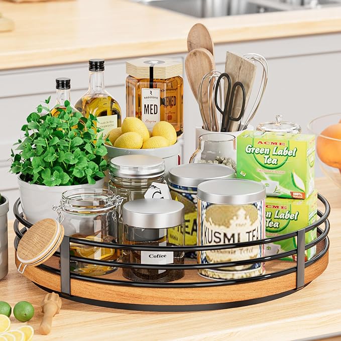 12" Lazy Susan Turntable Organizer - Oak Wood Lazy Susan for Cabinet Kitchen Countertop Dining Table Pantry Cupboard Bathroom Coffee Bar Storage Spice Rack Home Decor
