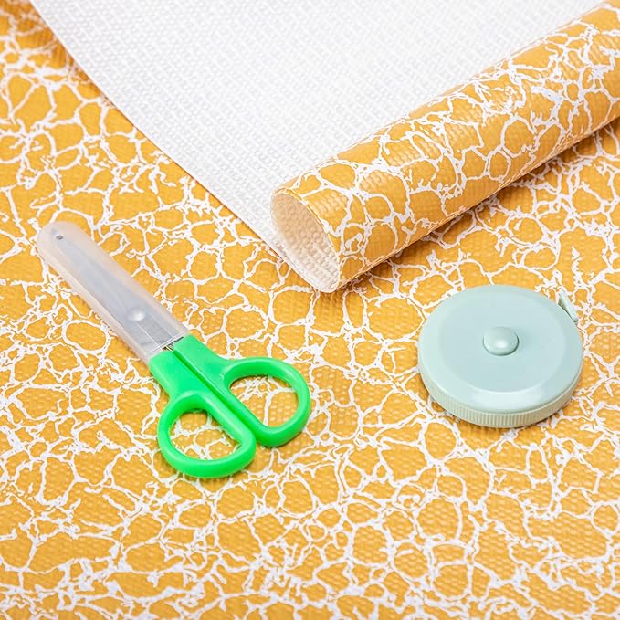 FIFTY FEET 12X120 Inch Shelf Liner with Scissor & Tape Measure for Kitchen Cabinets, PVC Drawer Liner for Dresser Non-Slip Bathroom, Non-Adhesive Cabinet Liner Washable (Orange Crack)
