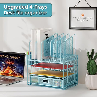 Marbrasse Desk Organizers, 4-Tier Mesh Desk File Organizer with 5 Vertical File Holders and 2 Pen Holders, Multifunction Desktop Organizer,Desk Organizers and Accessories for Home Office (Blue)