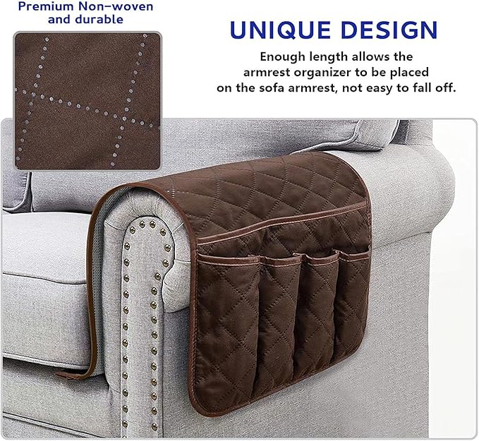 AUVCAS Sofa Armrest Organizer Non-Slip Arm Chair Bedside Caddy Storage Organizer for Recliner Couch with 5 Pockets for Cell Phone TV Remote Control Magazines (DARK BROWN)