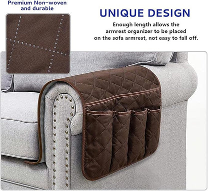 AUVCAS Sofa Armrest Organizer Non-Slip Arm Chair Bedside Caddy Storage Organizer for Recliner Couch with 5 Pockets for Cell Phone TV Remote Control Magazines (DARK BROWN)