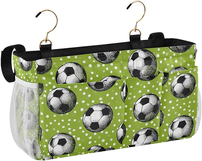 CuwrYet Bedside Caddy Hanging Bunk Bed Caddy Bed Organizer Hanging Pocket with 2 Hooks Bedside Storage Organizer Pocket Bag Holder Deep Green Soccer Balls Dots