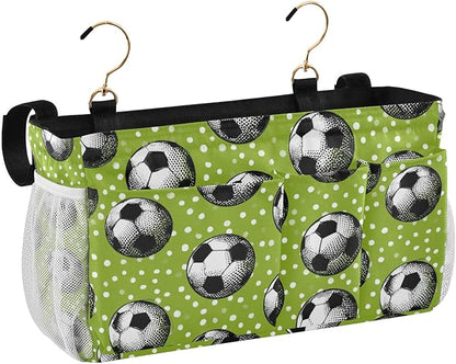 CuwrYet Bedside Caddy Hanging Bunk Bed Caddy Bed Organizer Hanging Pocket with 2 Hooks Bedside Storage Organizer Pocket Bag Holder Deep Green Soccer Balls Dots