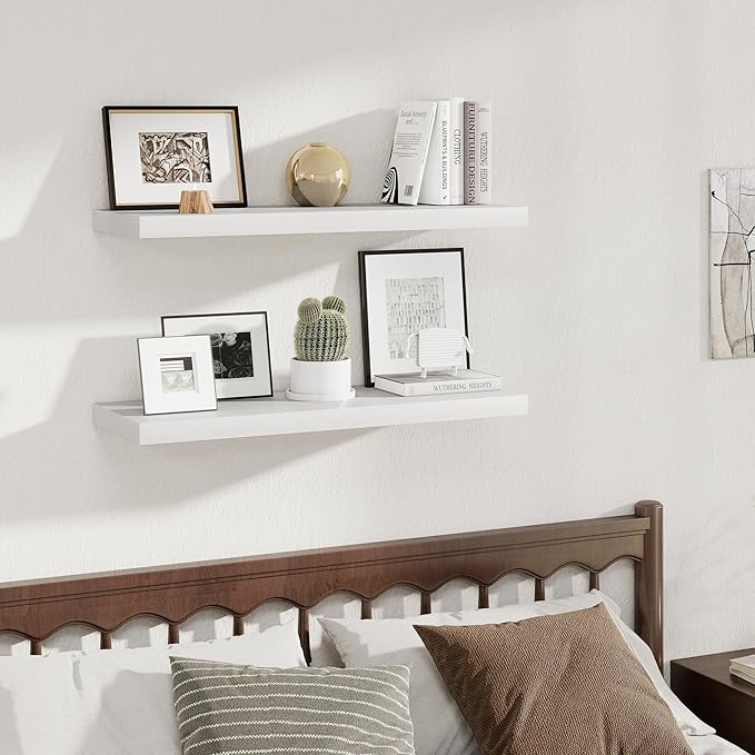 Fun Memories Deep Floating Shelves, 36" W x 12" D Wood Floating Shelves for Wall, 2 Pack Extra Deeper & Thicker Wall Mounted Storage Shelf for Living Room Laundry Room Kitchen Home Office, White