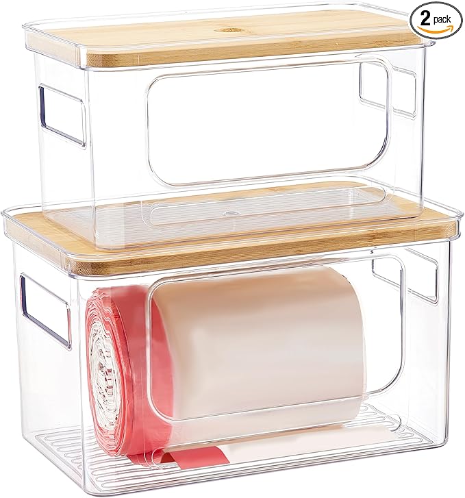 Goabroa Trash Bag Dispenser, 2 Pack Stackable Garbage Bag Holder with Bamboo Top, Clear Trash Bag Organizer Under Sink for Kitchen, Pantry, Cabinet, Laundry Room Storage and Organization
