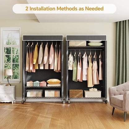 H4 Clothing Rack with Cover, Rolling Heavy Duty Clothes Rack, Garment Rack on Wheels, Portable Closet for Hanging Clothes, Black Clost Rack with Black Fabric Cover, Max Load 380LBS