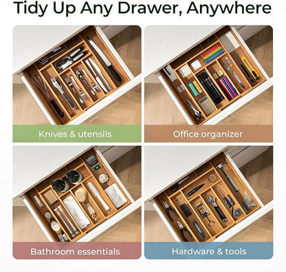 Carbonized Bamboo Kitchen Drawer Organizer, 10 Slots Expandable Silverware Organizer, Utensil Holder & Cutlery Tray, 2.2" Deep for Extra Capacity, Non-Slip Feet Included