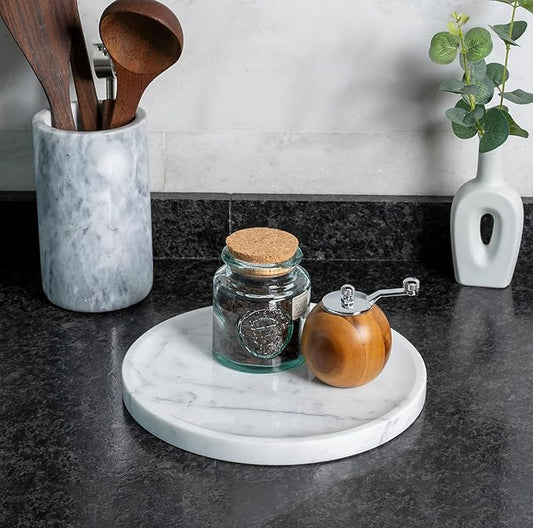 Natural Marble Decorative Tray for Bathroom Bedroom Kitchen Dresser, 9.8” Round Vanity Trays for Jewelry, Perfume, Cosmetic, Candle, Countertop Storage Organizer for Home Decor White, Arabescato
