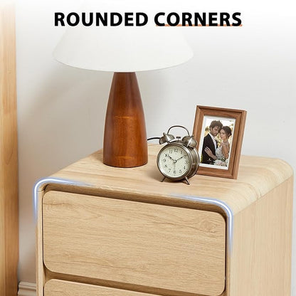 Small Night Stand Set of 2, Mid Century Modern Nightstands with 2 Drawers and Solid Wood Legs, 2 Drawer Dresser Curved Profile Design End Table Side Table for Small Space, Dorm, Bedroom(Natural)