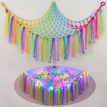 FIOBEE Stuffed Animals Net or Hammock with LED Light, Toy Hammock Hanging Stuffed Animals Storage Organizer Holder Room Décor for Nursery Kids Bedroom