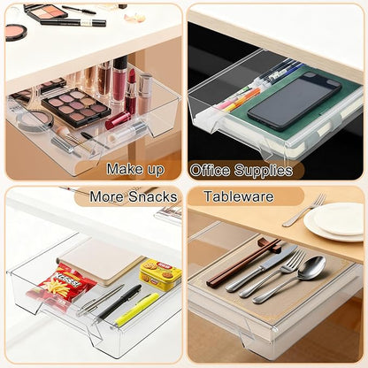2 Pair Under Desk Drawer Organizer, Self-Adhesive Slide Out Storage Organizer, Hidden Desktop Organizers, Self-Adhesive Table Storage Accessories for Home Office and School