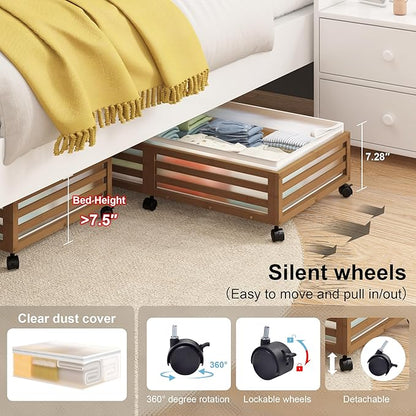 Wisuce Home Under Bed Storage Containers With Wheels - 2 Pcs Large Bamboo Wood Rolling Underbed Shoe Storage Bins With Dust Bags for Clothes Blankets, Duvet Covers Snacks Toys (Walnut)