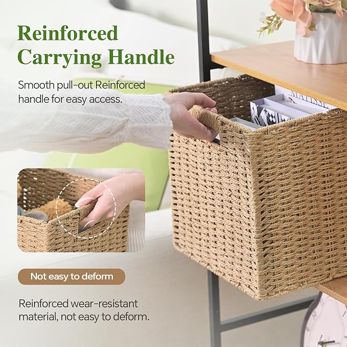 Woven Wicker Storage Baskets 4-Pack, 11x11 Handwoven Paper Rope Organizer Bins, Foldable Cube Storage Cubes with Built-in Handles for Shelves and Closet Organization(Natural Beige)