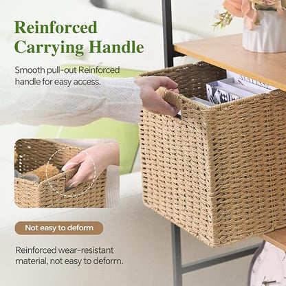 Woven Wicker Storage Baskets 4-Pack, 11x11 Handwoven Paper Rope Organizer Bins, Foldable Cube Storage Cubes with Built-in Handles for Shelves and Closet Organization(Natural Beige)