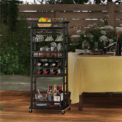 4 Tier Bar Cart with Wheels, Home Bar Serving Cart, Rolling Mini Wine Cart with Wine Rack and Glass Holder, Drink Cart for Dining Room, Living Room, Kitchen, Bar and Outdoor Black