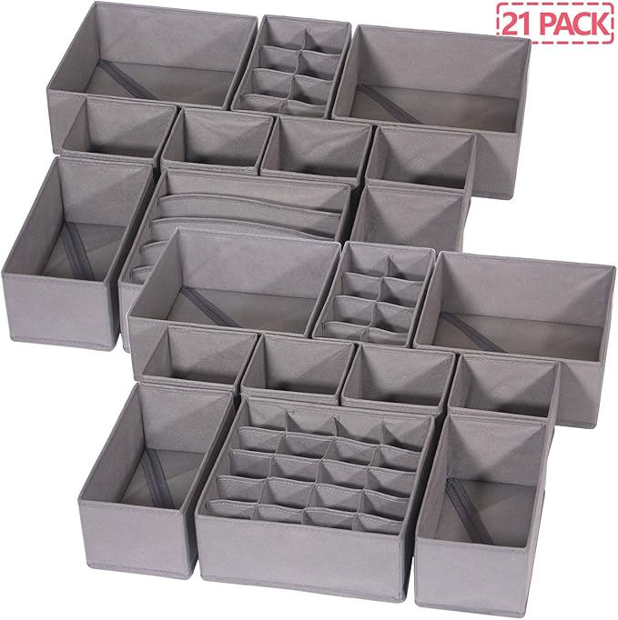 DIOMMELL 21 Pack Foldable Cloth Storage Box Closet Dresser Drawer Organizer Fabric Baskets Bins Containers Divider for Baby Clothes Underwear Bras Socks Lingerie Clothing,M Grey 11-4249