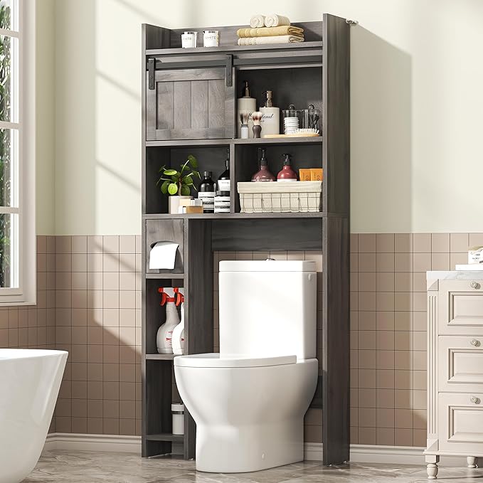 Semoic Over The Toilet Storage Cabinet, Over The Toilet Shelf with Sliding Door & Toilet Paper Holder Stand, Bathroom Above Toilet Storage, Home Space-Saving Toilet Rack for Bathroom, Restroom, Grey
