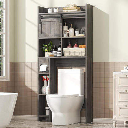 Semoic Over The Toilet Storage Cabinet, Over The Toilet Shelf with Sliding Door & Toilet Paper Holder Stand, Bathroom Above Toilet Storage, Home Space-Saving Toilet Rack for Bathroom, Restroom, Grey