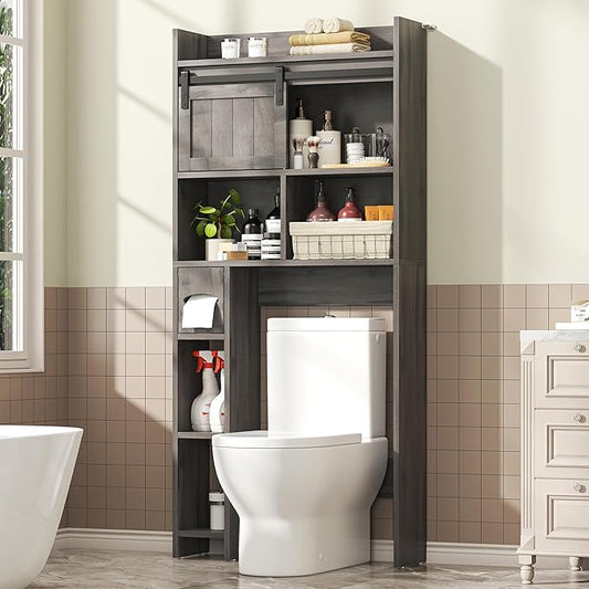 Semoic Over The Toilet Storage Cabinet, Over The Toilet Shelf with Sliding Door & Toilet Paper Holder Stand, Bathroom Above Toilet Storage, Home Space-Saving Toilet Rack for Bathroom, Restroom, Grey