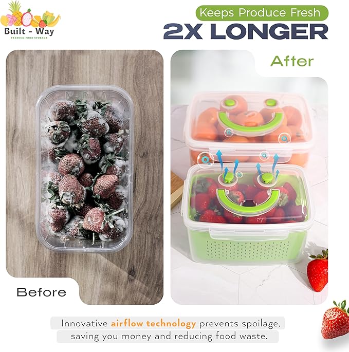 Built-Way Fruit Storage Smiley Containers for Fridge - Keep Fresh with BPA-Free Lids - Ideal Vegetable & Berry Organizer - 4 Pack Dishwasher Safe Produce Saver - Stackable Containers with Drain Tray