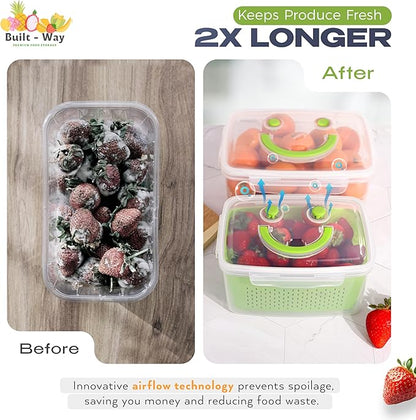 Built-Way Fruit Storage Smiley Containers for Fridge - Keep Fresh with BPA-Free Lids - Ideal Vegetable & Berry Organizer - 4 Pack Dishwasher Safe Produce Saver - Stackable Containers with Drain Tray