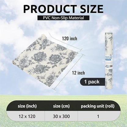 12X120 Inch Shelf Liner for Kitchen Cabinets, PVC Drawer Liner for Dresser Non-Slip Bathroom, Non-Adhesive Cabinet Liner Washable (Black Flower)(1 Roll)