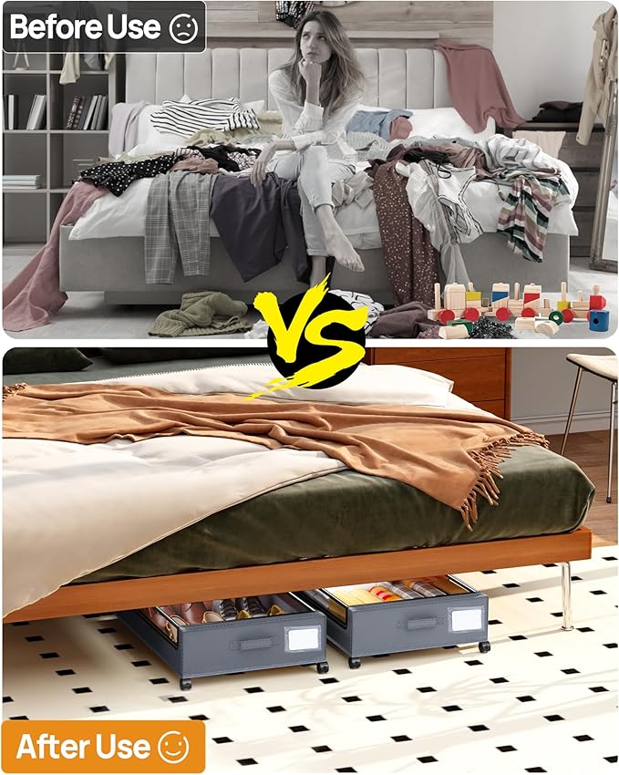 YEEBONIX Under Bed Storage With Wheels, 2 Pack Square Containers, 60L Bins, Rolling Metal Drawer for Clothes, Blankets, Shoes