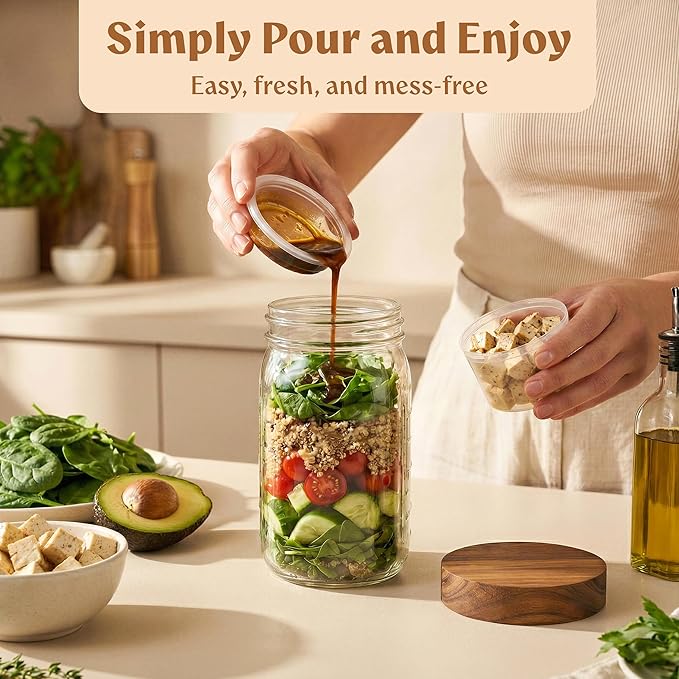 4 Pack Glass Salad Jars Pod with Wooden Lids for Meal Prep, Leakproof Container with Two Small Built in Cups for Wet/Dry Separation for Salad Dressing and Ingredients, 32oz Mason Jars