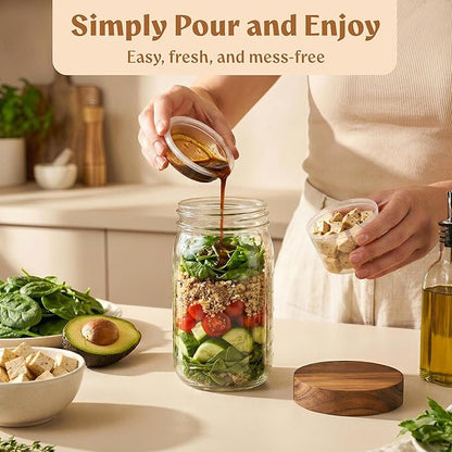 4 Pack Glass Salad Jars Pod with Wooden Lids for Meal Prep, Leakproof Container with Two Small Built in Cups for Wet/Dry Separation for Salad Dressing and Ingredients, 32oz Mason Jars