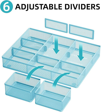 Marbrasse 3 Packs Desk Drawer Organizers, Metal Mesh Dividers with 9 Adjustable Compartments, Pen Organizer for Drawer Tray Box Accessories for Desktop,Kitchen, Makeup(Blue)