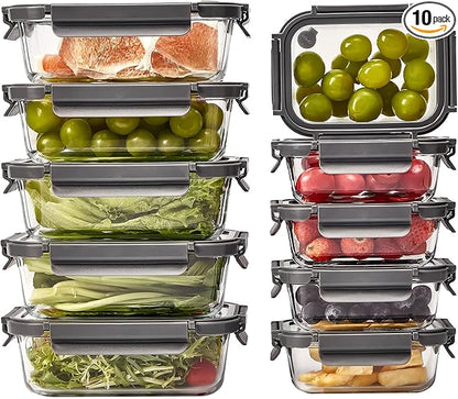 Spreccio Glass Food Storage Containers with Lids,10 pack [36oz*5+13.5oz*5], Glass Meal Prep Container with Airtight Lids, Microwave Safe Food Container Set, BPA Free, LeakProof, Ideal for Lunch
