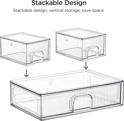Vorey Clear Stackable Desk Storage Drawers, 3 Pack Acrylic Bathroom Makeup Organizers, Easily Assemble All Purpose Plastic Bins for Brightroom, Pantry Organization, Vanity, Undersink, Cabinet