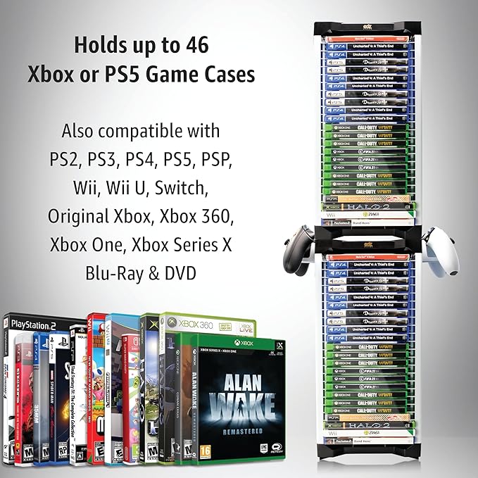 ADZ Universal Game Holder – 46 Game Storage Tower Rack for PS2 PS3 PS4 PS5 PSP Xbox 360 Xbox One Series X Wii Switch Games DVD and Blu-Ray Disks. Includes 2 Controller Mounts (White)