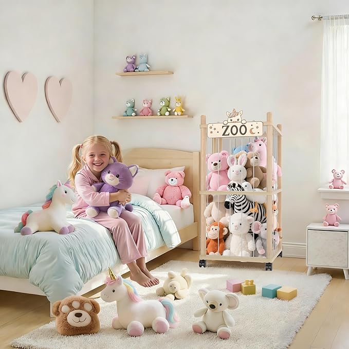 2 Tier Stuffed Animal Storage Zoo Tower,56In Wooden Large Stuffed Animal Holder Organizer with Wheels,Stuffy Plushies Storage with Elastic Band&Mesh Bottom,Toy Storage Organizers for Playroom Nursery