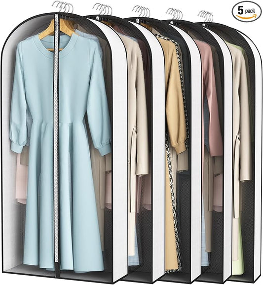 50” Garment Bags for Hanging Clothes 4” Gusseted - with Clear Window, Breathable Fabric, Metal Zipper, Suit Coat Long Dress Protector for Clothes Closet storage, Season Off, Moving, 5 Pack