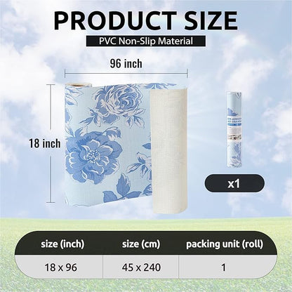 FIFTY FEET 18X96 Inch Shelf Liner for Kitchen Cabinets, PVC Drawer Liner for Dresser Non-Slip Bathroom, Non-Adhesive Cabinet Liner Washable (Blue Flower)(1 Roll)