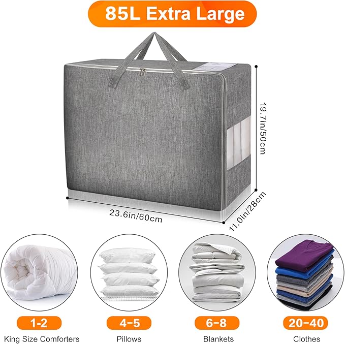 Karceyworth 2 Pack 85L Comforter Storage Bags, Extra Large Bedding Storage Bags with Category Card and Clear Window, Reinforced Handles & Zippers, Foldable Closet Organizers for Blanket Pillow