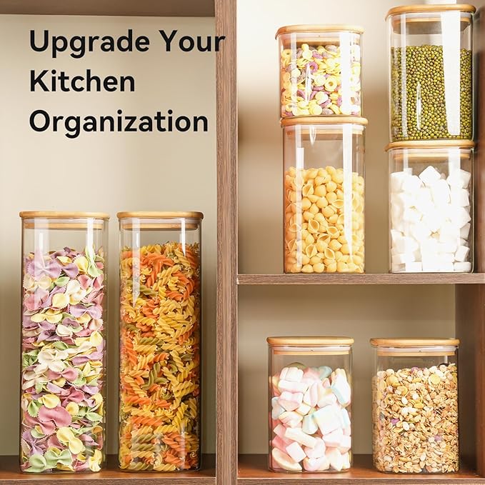 6 Pack Glass Pantry Storage Jars - 37oz Airtight Food Storage Containers Set with Bamboo Lid Labels, Square Kitchen Pantry Canister Organizers for Cookies Candy Coffee Bean Sugar Tea Spice Cereal