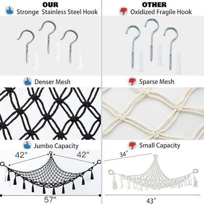 Cotton Stuffed Animal Organizer, Handmade Macrame Hanging Net Hammock for Toy Storage, Boho Decor Room Holder, Triangular, Black, Large, 57x42 inches, 10 lbs Capacity