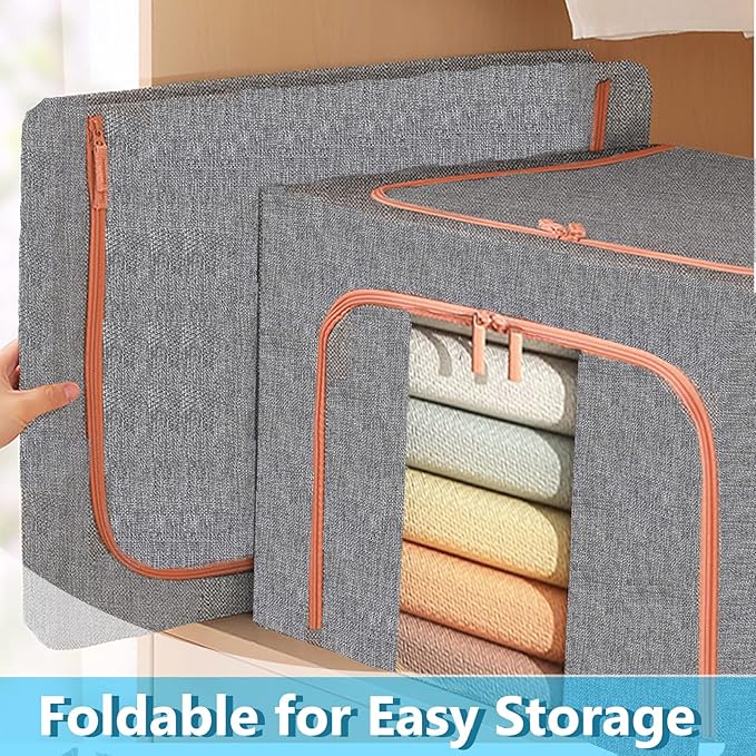 Large Capacity Clothes Storage Bags Stackable Storage Organizer with Foldable Metal Frame Zipper Handles Clear Window Storage Container Box for Blanket Sweater Comforter Pillow (100L Gray 2 Pack)