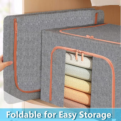 SWEERI Large Capacity Clothes Storage Bags,Stackable Storage Organizer with Foldable Metal Frame, 2-Way Zipper, Handles, Clear Window for Clothes, Bedding, Seasonal Storage (3Pack, 66L)