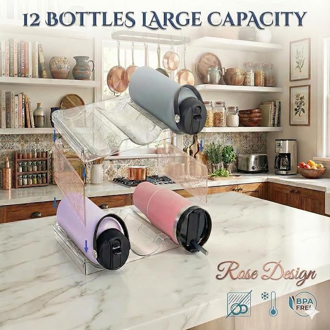 Stackable Water Bottle Organizer for Cabinet, Plastic Bottle Holder Designed for Starbucks Studded Tumblers up to 40oz, Plastic Cup Holder&Wine Rack for Pantry,Cupboard- 4 Layers Hold 12 Bottles