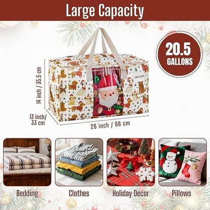 VENO 4 Pack Moving Bags, Large Christmas Storage Bins with lids, Packing Supplies for College, Alternative to Moving Boxes, Foldable, Heavy-Duty Tote, Christmas Pattern (Holiday Pups, 4 Pack)