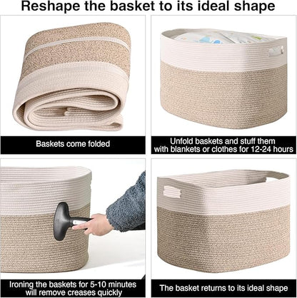 Extra Large Blanket Basket for Living Room, Rectangle Woven Cotton Rope Storage for Blankets, Toys, Clothes, Shoes, 25”x16”x16”, Off White & Brown, 108L
