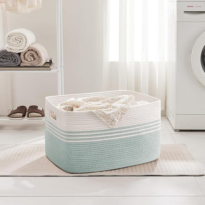 45L Small Laundry Basket for Living Room Storage, Woven Rope Baskets Bin for Blanket, Kids Toy, Gifts, Wicker Hamper for Bedroom Dirty Clothes, 18"x14"x11" White Green