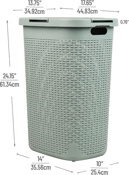 Mind Reader Slim Laundry Hamper with Lid, 60L Clothes Basket, Premium Wicker Design, Plastic, Mint