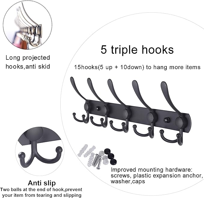 WEBI Coat Rack Wall Mount,Coat Hooks Wall Mount,5 Tri Hooks for Hanging Coats,Wall Coat Hanger,Wall Coat Rack for Clothes,Black