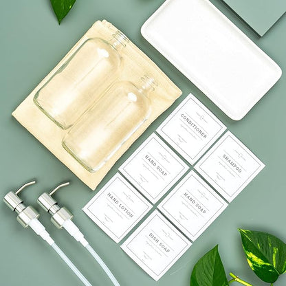 Vine Creations Glass Soap Dispenser, 2 Pack Kitchen Soap Dispenser Set with Ceramic Tray, Stainless Steel Pump, Dish Soap Dispenser for Kitchen, Hand Soap Dispenser Bathroom with Waterproof Labels